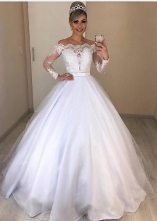 Off Shoulder V neck Slim Fit Puffy Trailing Wedding Dress Lace Dress - View 2