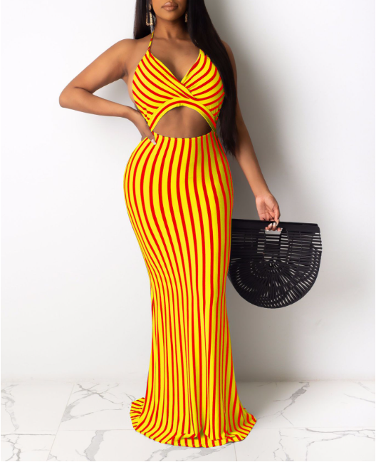 Striped Halter Neck Wrap Bust Cut Out Bodycon Mermaid Maxi Dress