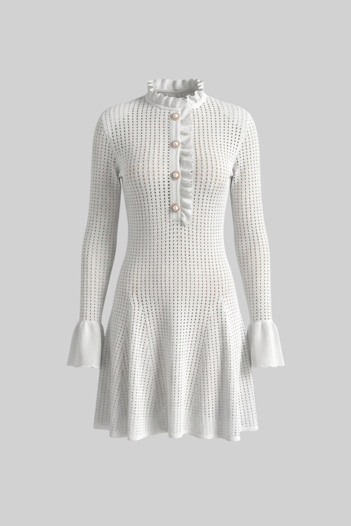 Open Knit Ruffle Neck Button Front Flare Cuff Long Sleeve Mini Dress 8