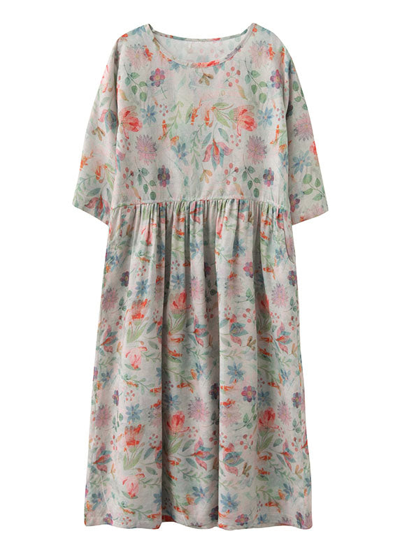 Watercolor Floral Print Round Neck Half Sleeve Empire Waist Linen Blend Maxi Dress
