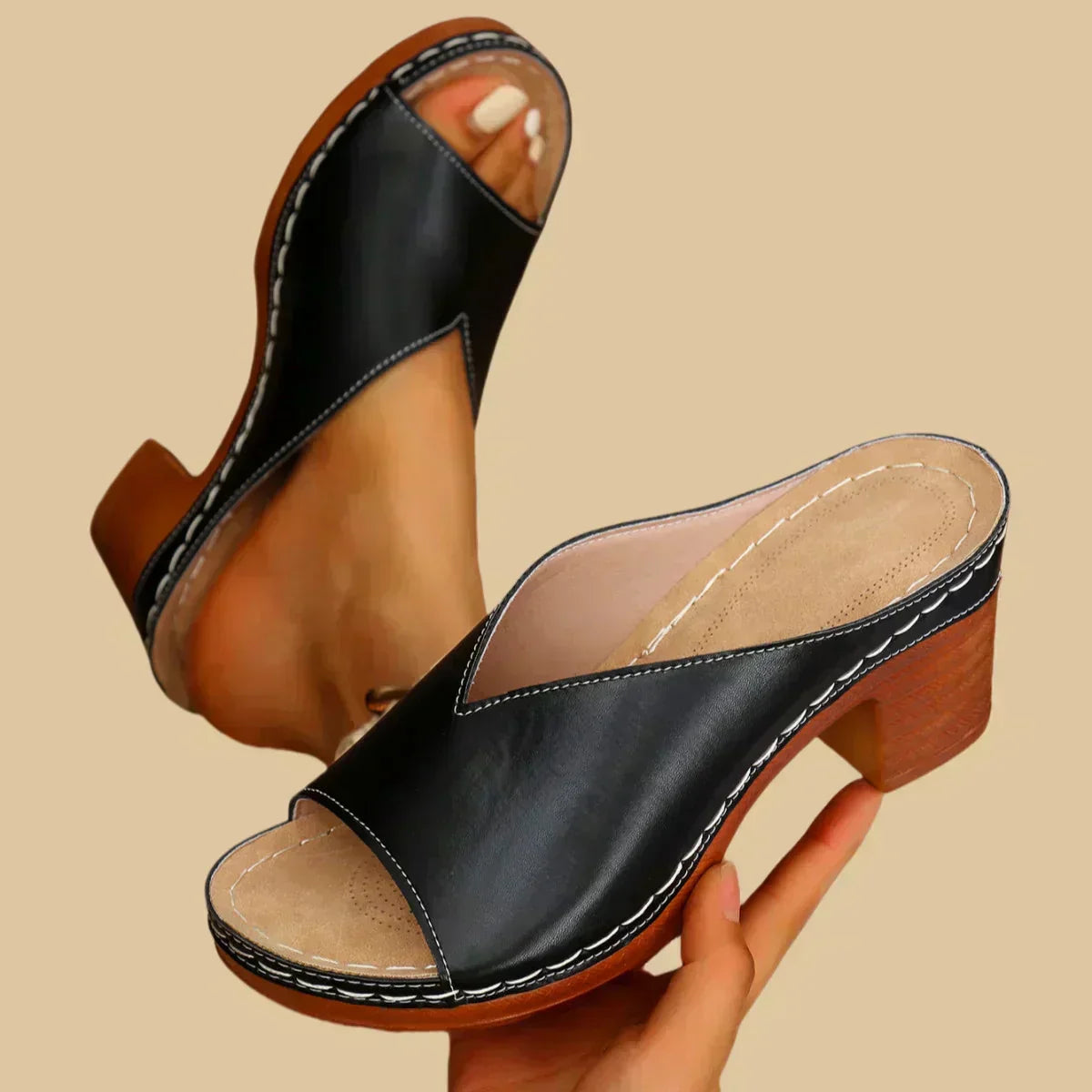 Peep Toe Slip On Block Heel Mule Sandals
