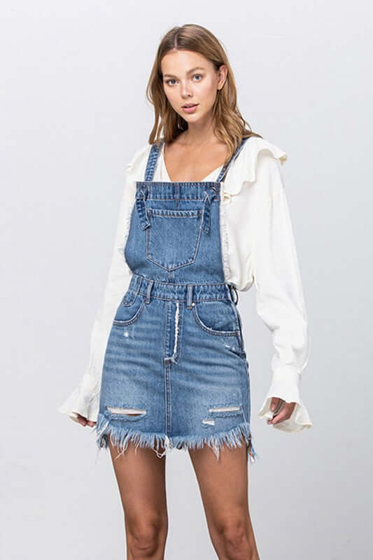 Frayed Denim Overalls Dress MEDIUM