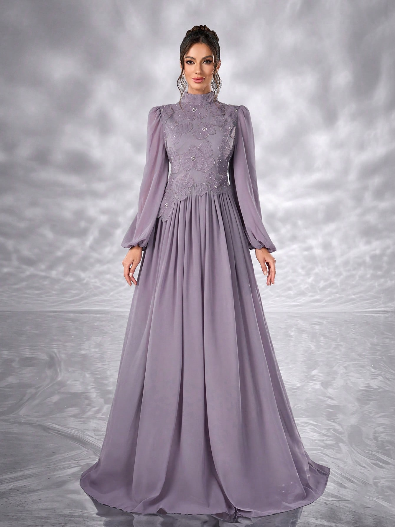 Elegant Floral Dress Long Sleeve Chiffon Beaded Embroidered Elegant Dress
