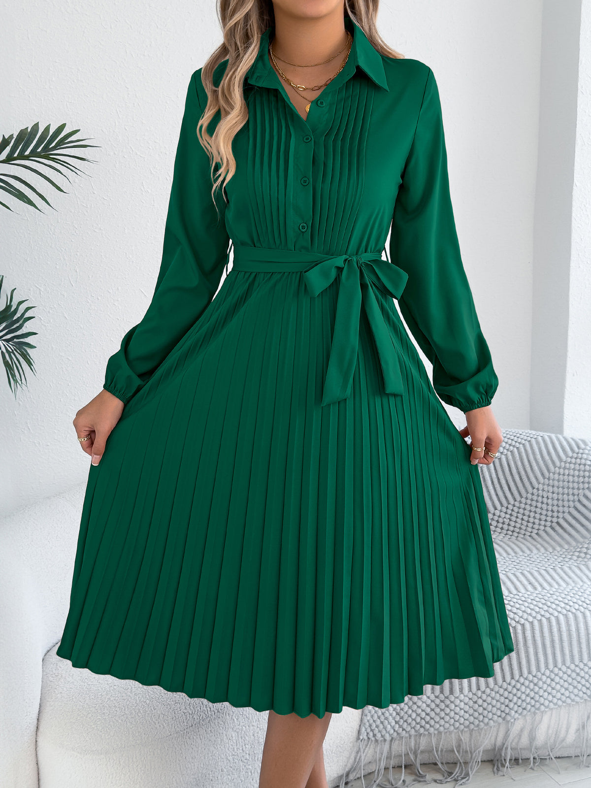 Collared Long Sleeve Pintuck Button Front Belted Pleated Midi Dress