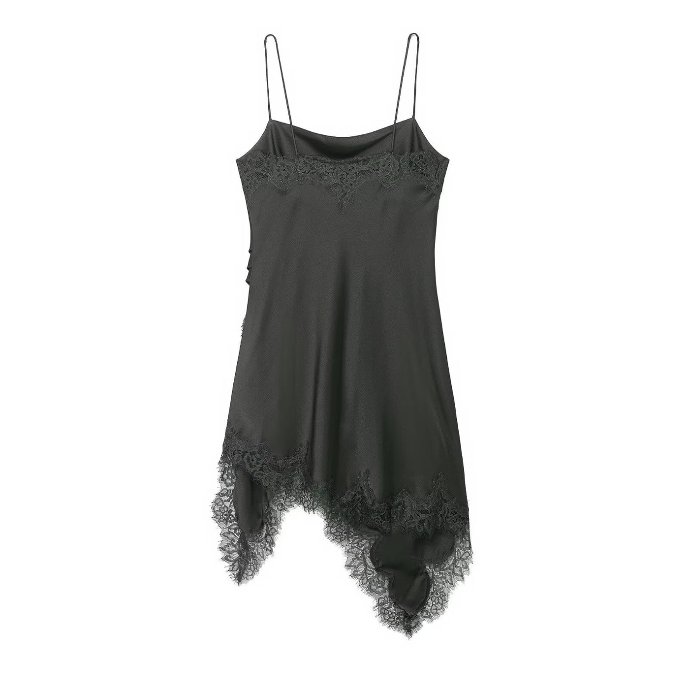 Boat Neck Irregular Asymmetric Spaghetti Strap Lace Dress - View 4