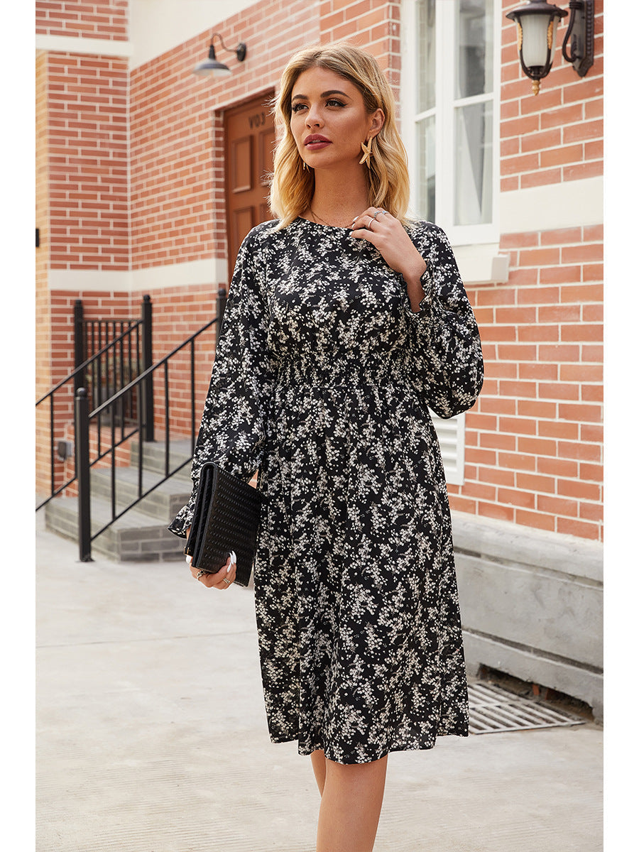 Floral Long Sleeve Smocked Waist A-Line Midi Dress