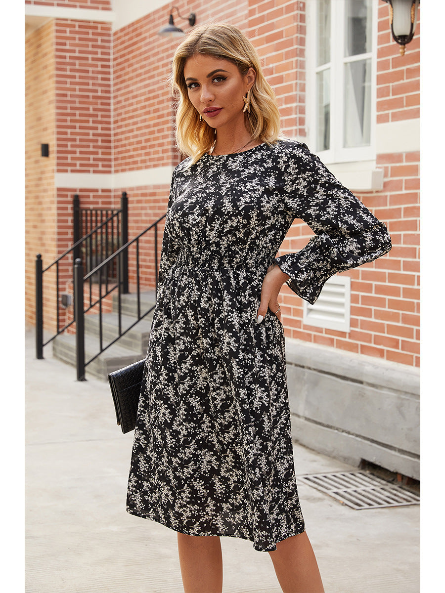 Floral Long Sleeve Smocked Waist A-Line Midi Dress