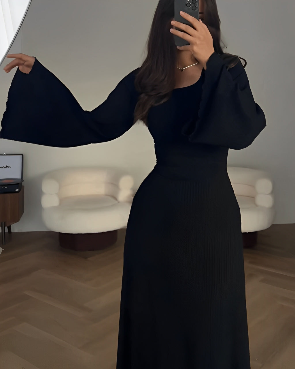 Ribbed Knit Square Neck Long Sleeve Side Split Bodycon Maxi Dress