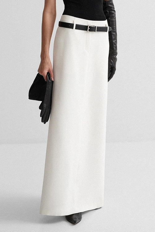 High Waist Belt Loop Tailored Straight Column Maxi Skirt 2