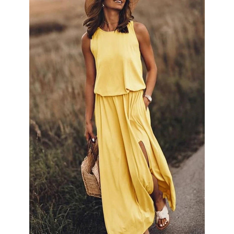 Crew Neck Sleeveless Elastic Waist Side Split Maxi Dress 4