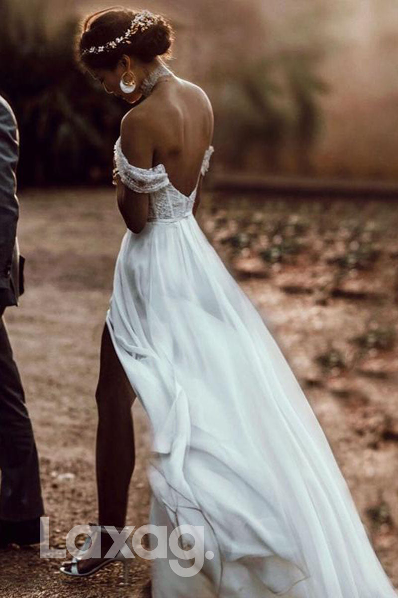 14521 - Off Shoulder Lace High Split Bohemian Wedding Dress
