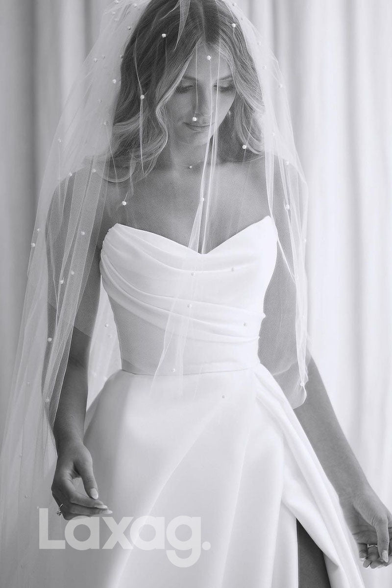 14525 - Strapless Ivory Satin High Split Rustic Wedding Dress