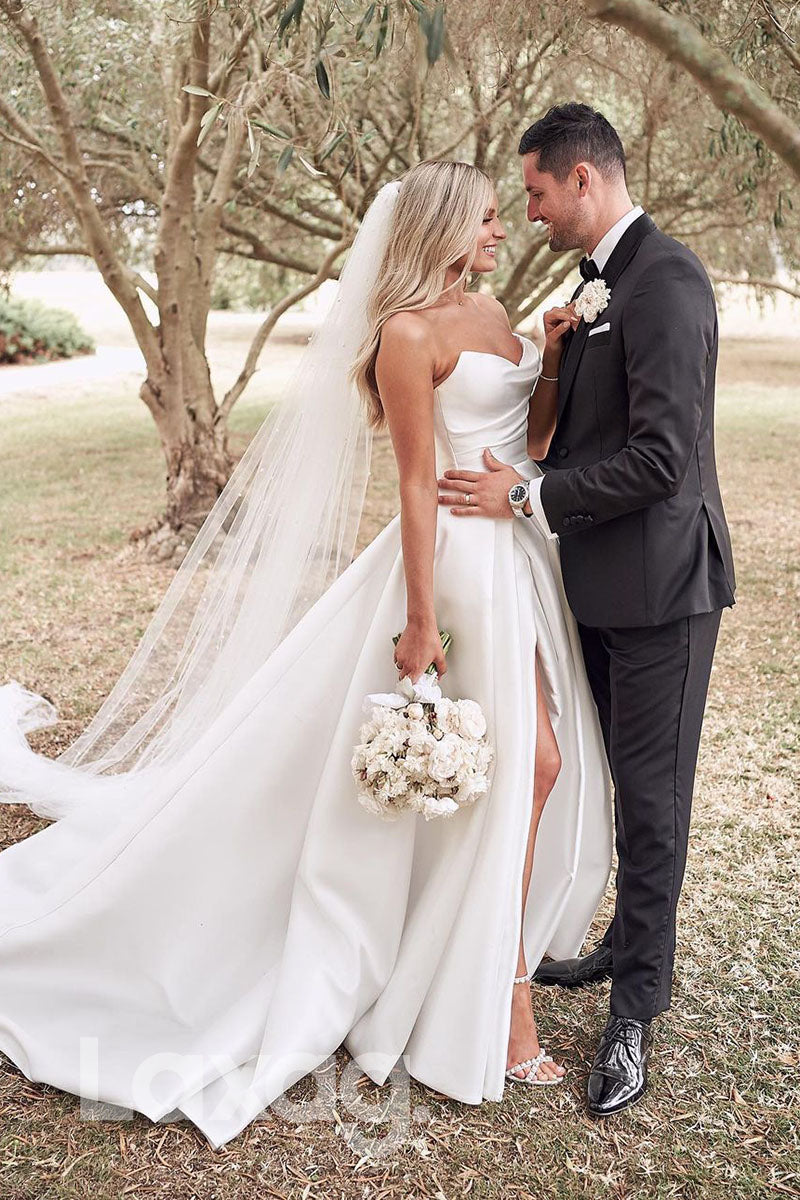 14525 - Strapless Ivory Satin High Split Rustic Wedding Dress