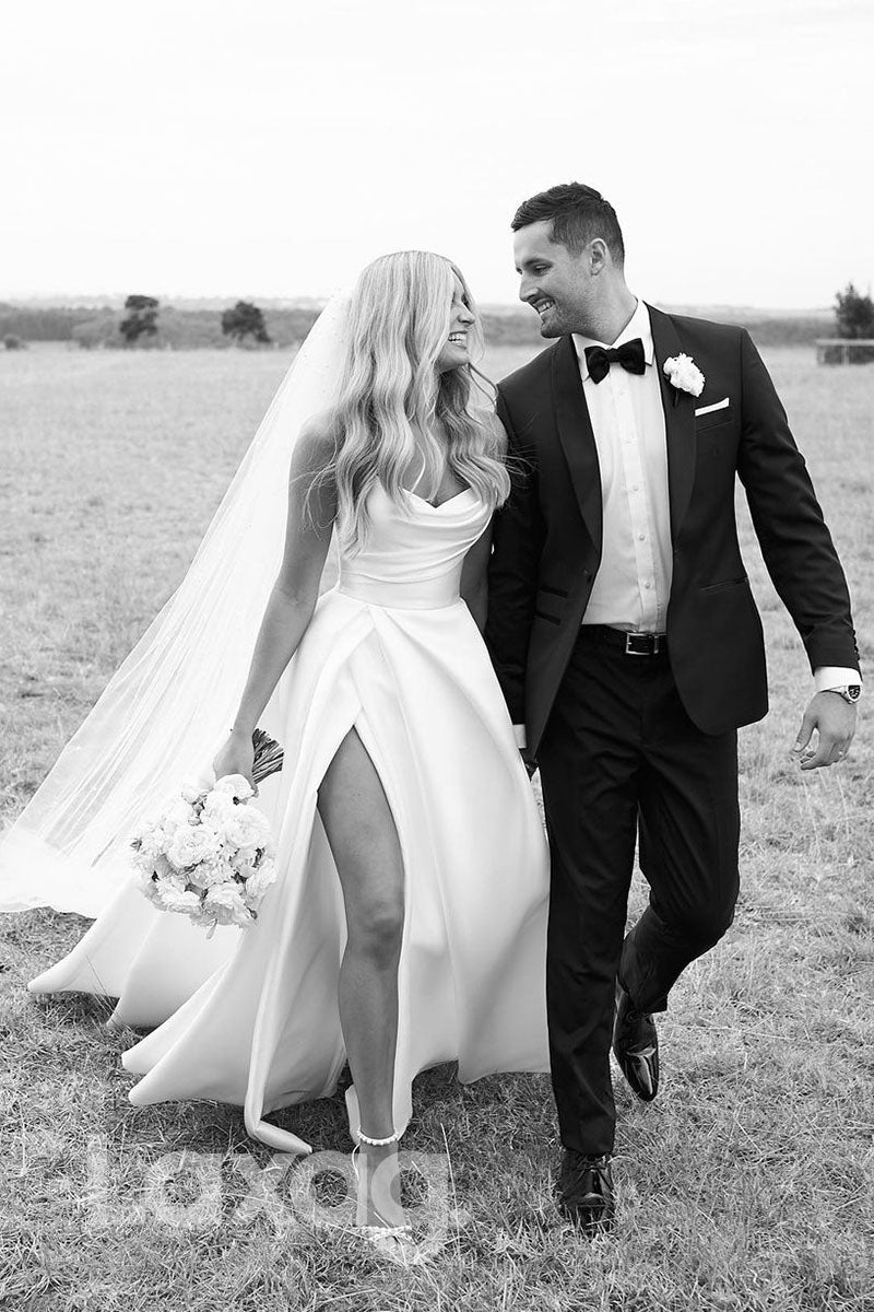 14525 - Strapless Ivory Satin High Split Rustic Wedding Dress