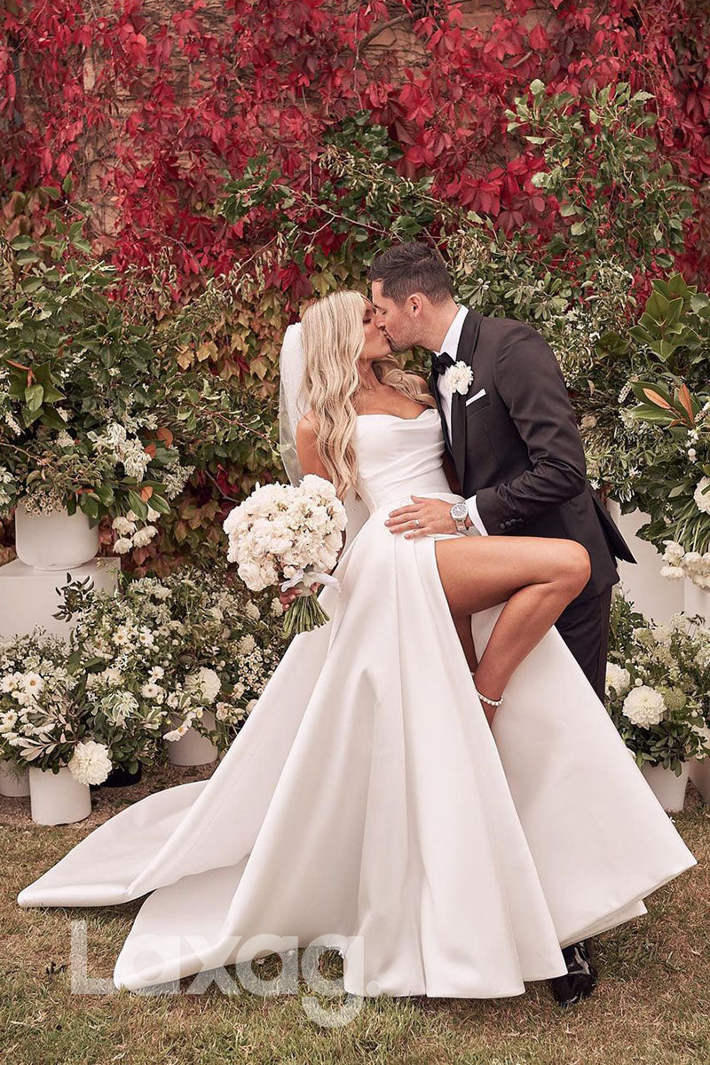 14525 - Strapless Ivory Satin High Split Rustic Wedding Dress