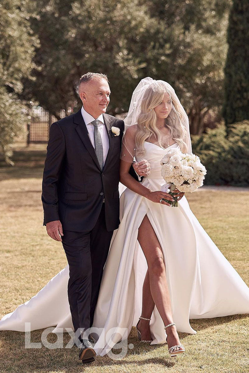 14525 - Strapless Ivory Satin High Split Rustic Wedding Dress