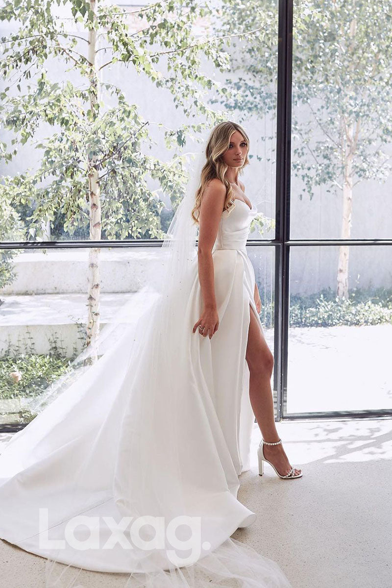 14525 - Strapless Ivory Satin High Split Rustic Wedding Dress