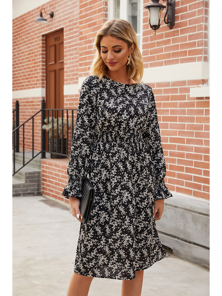 Floral Long Sleeve Smocked Waist A-Line Midi Dress