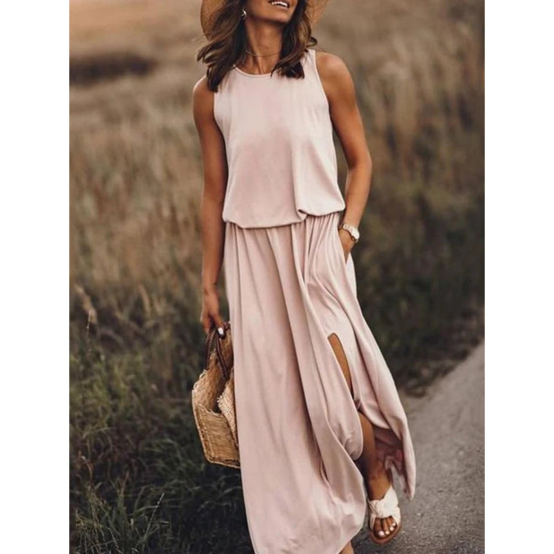 Crew Neck Sleeveless Elastic Waist Side Split Maxi Dress 3