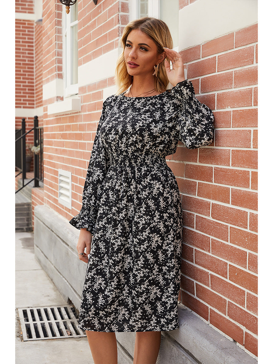 Floral Long Sleeve Smocked Waist A-Line Midi Dress