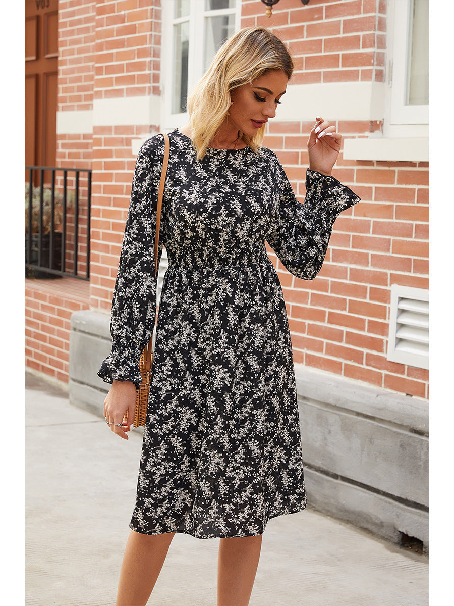 Floral Long Sleeve Smocked Waist A-Line Midi Dress