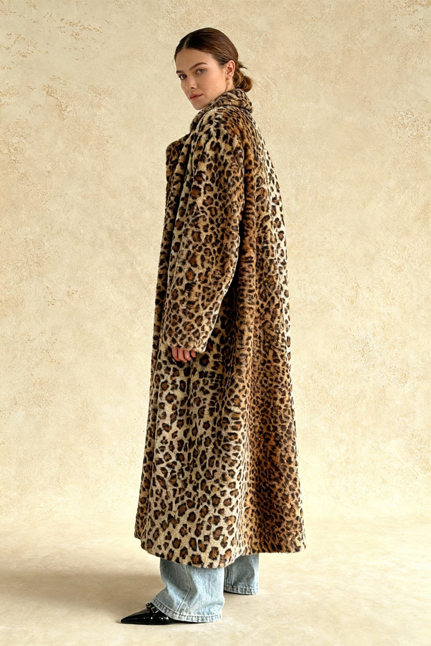 Leopard Print Notched Collar Longline Faux Fur Overcoat