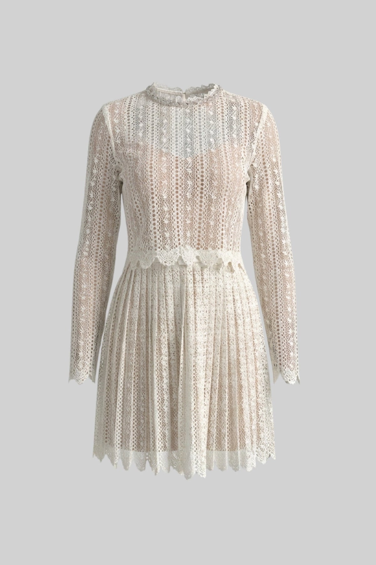 Crochet Lace High Neck Long Sleeve Pleated Scalloped Hem Mini Dress 2
