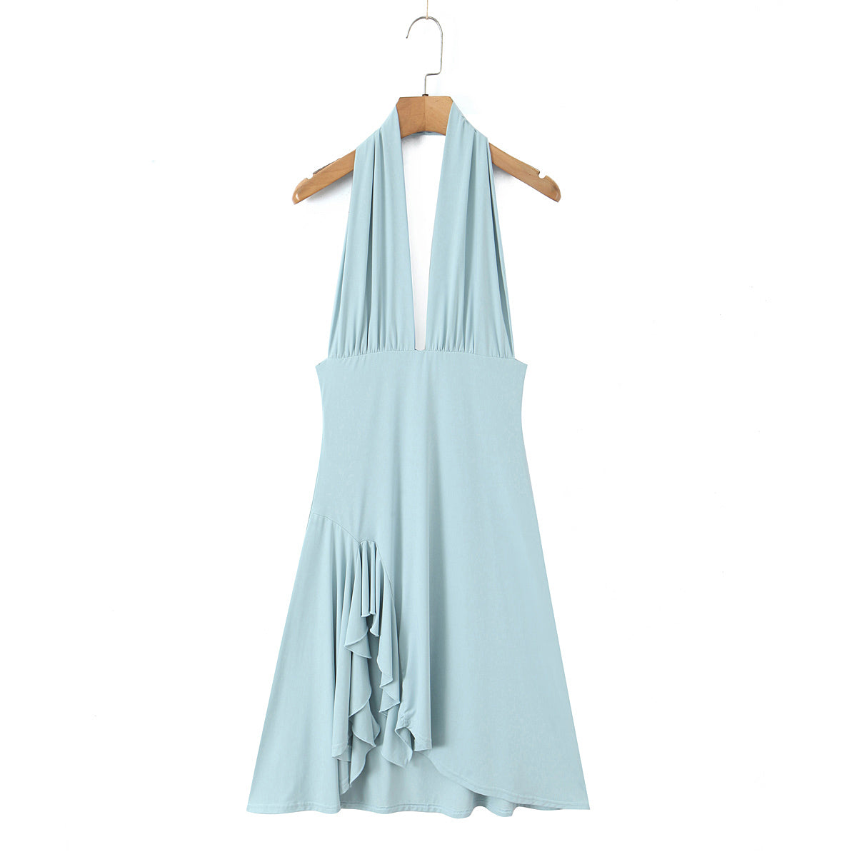 Halter Neck Plunging Backless Ruffle Asymmetric Hem Mini Dress 10