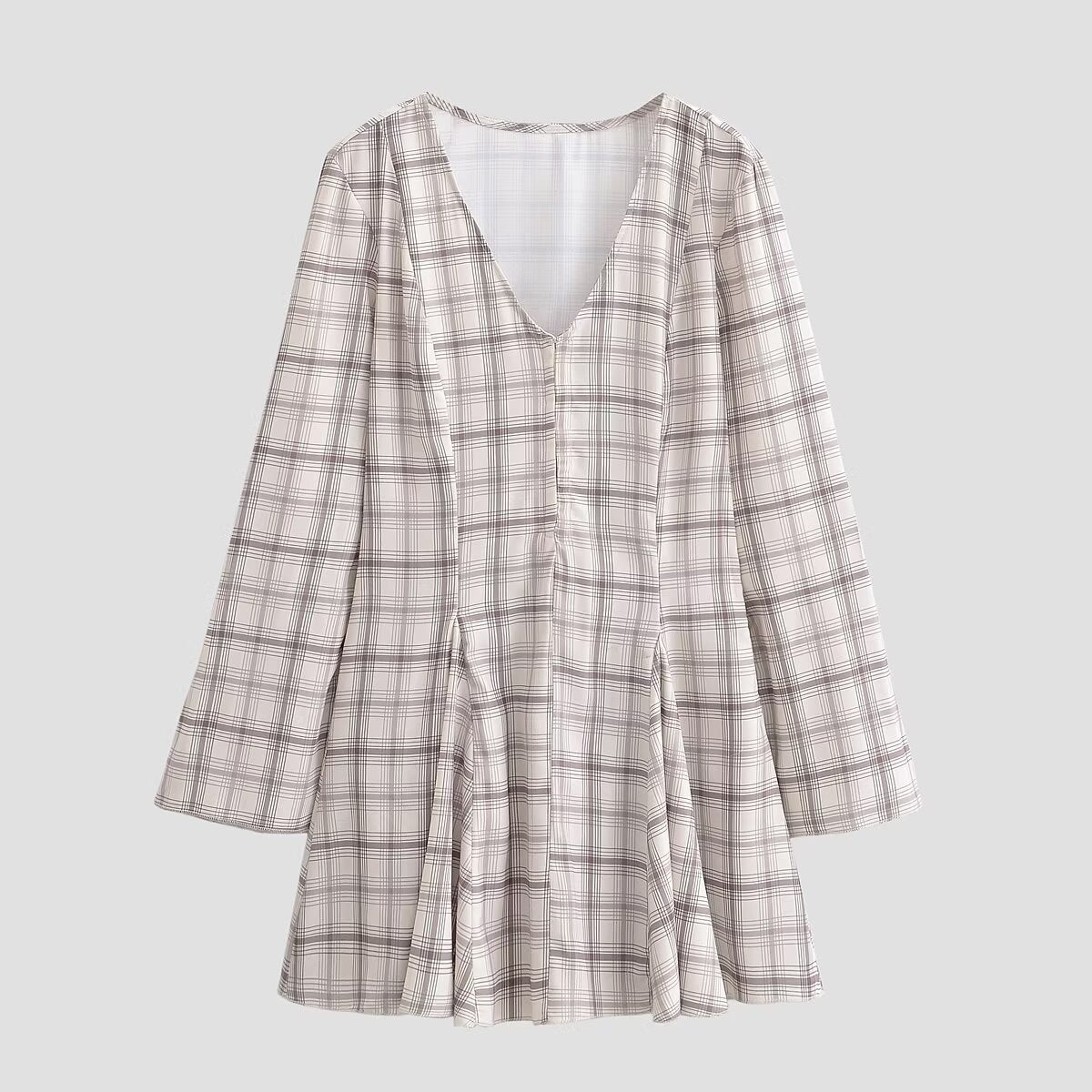 Plaid Plunge V-Neck Zip Front Long Bell Sleeve Fit and Flare Mini Dress 4