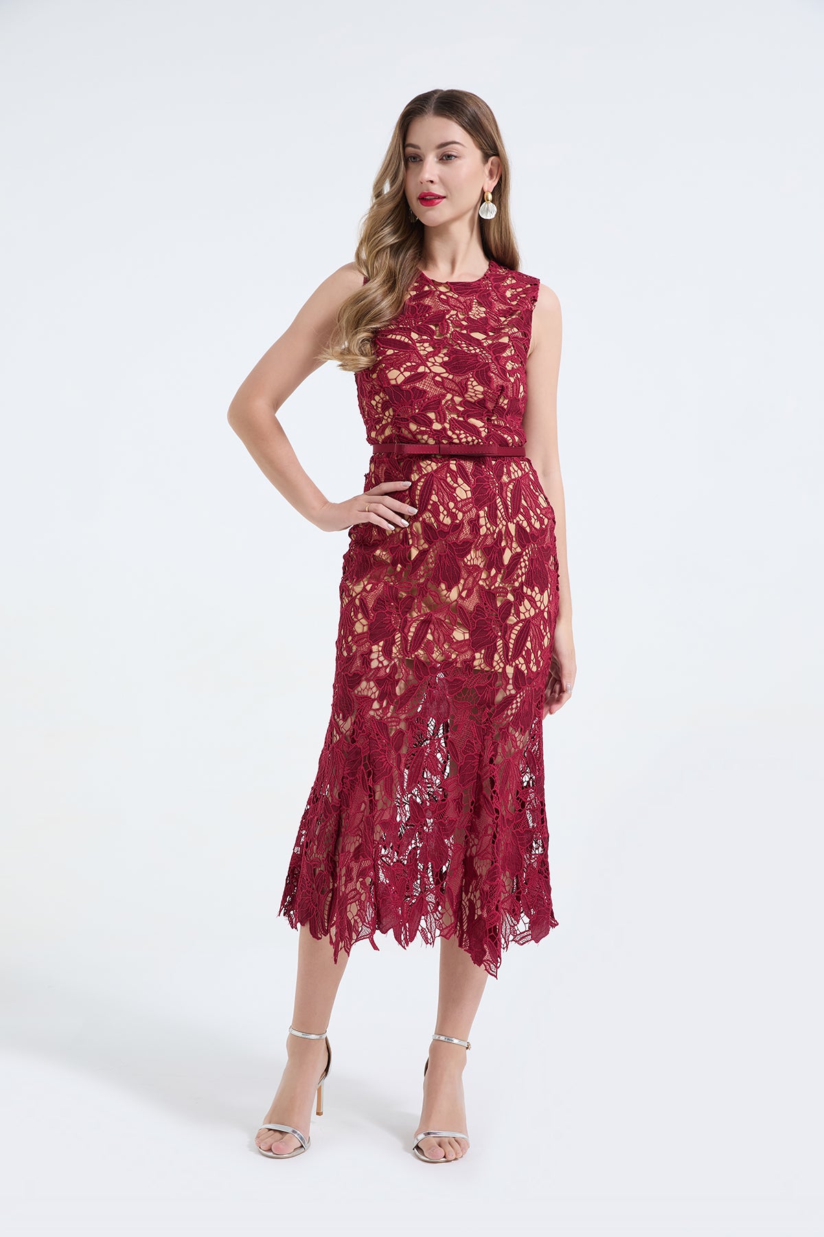 Guipure Lace Sleeveless Belted Fishtail Hem Midi Dress