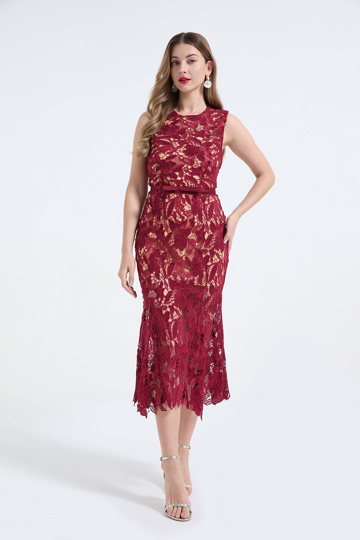 Guipure Lace Sleeveless Belted Fishtail Hem Midi Dress 2