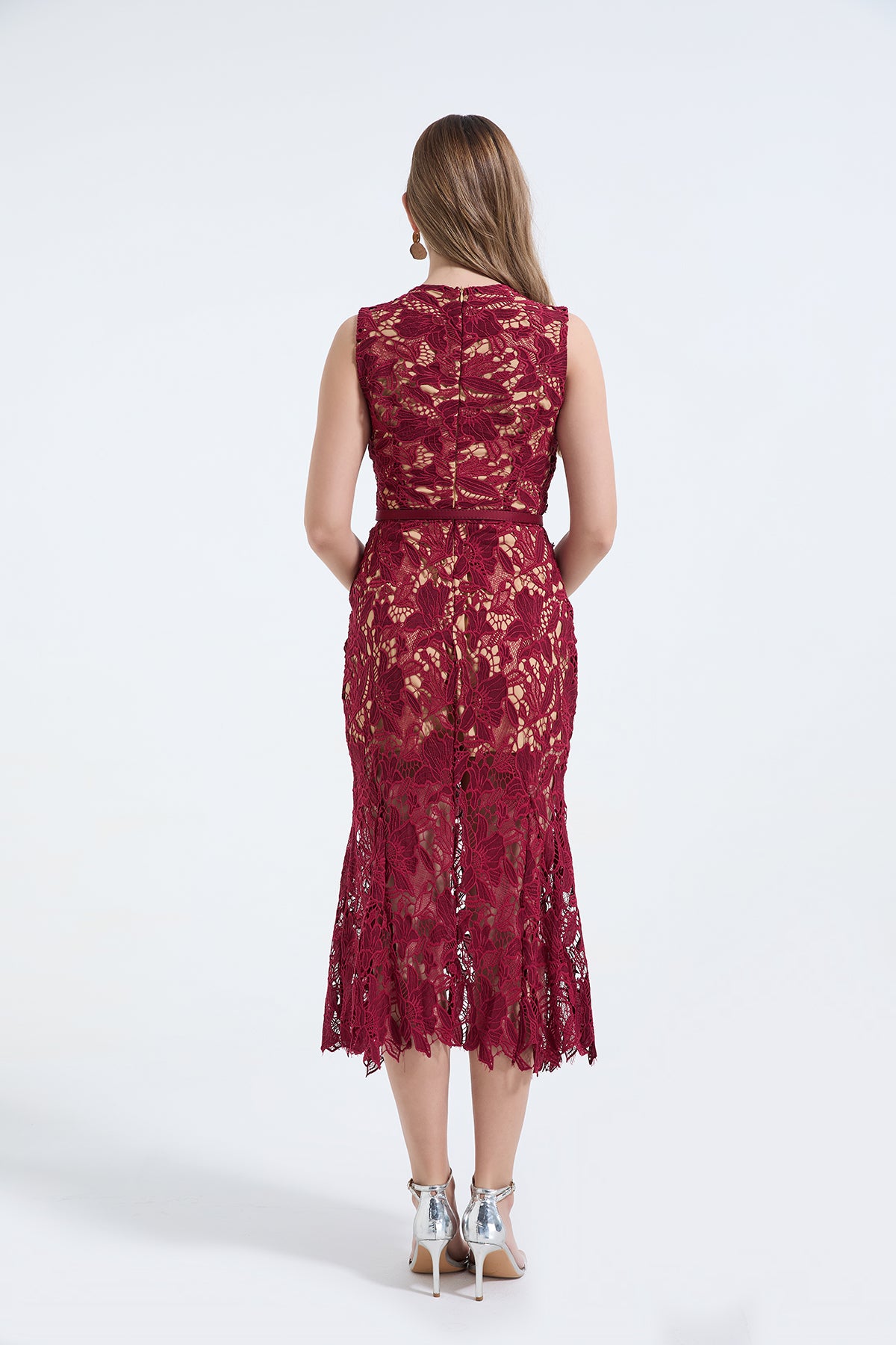 Guipure Lace Sleeveless Belted Fishtail Hem Midi Dress 3