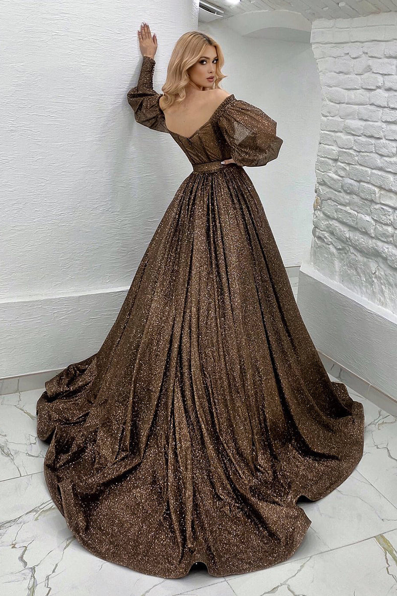 14718 - Off Shoulder Glitter Long Sleeves Bone Bodice Prom Evening Dress
