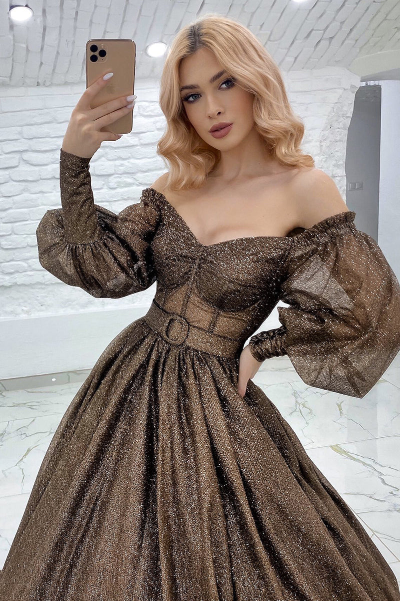 14718 - Off Shoulder Glitter Long Sleeves Bone Bodice Prom Evening Dress