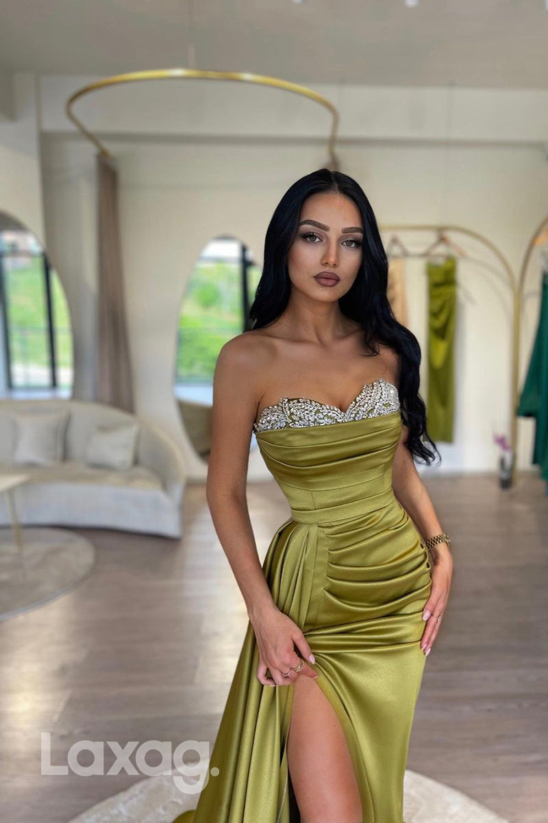 14799 - Sweetheart Crystal Beaded Ruched Prom Evening Dress With Slit