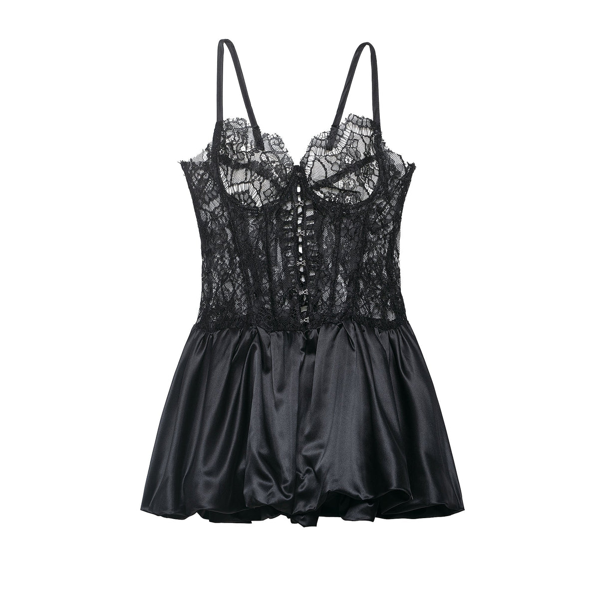 Lace Corset Bodice Spaghetti Strap Satin Bubble Hem Mini Dress