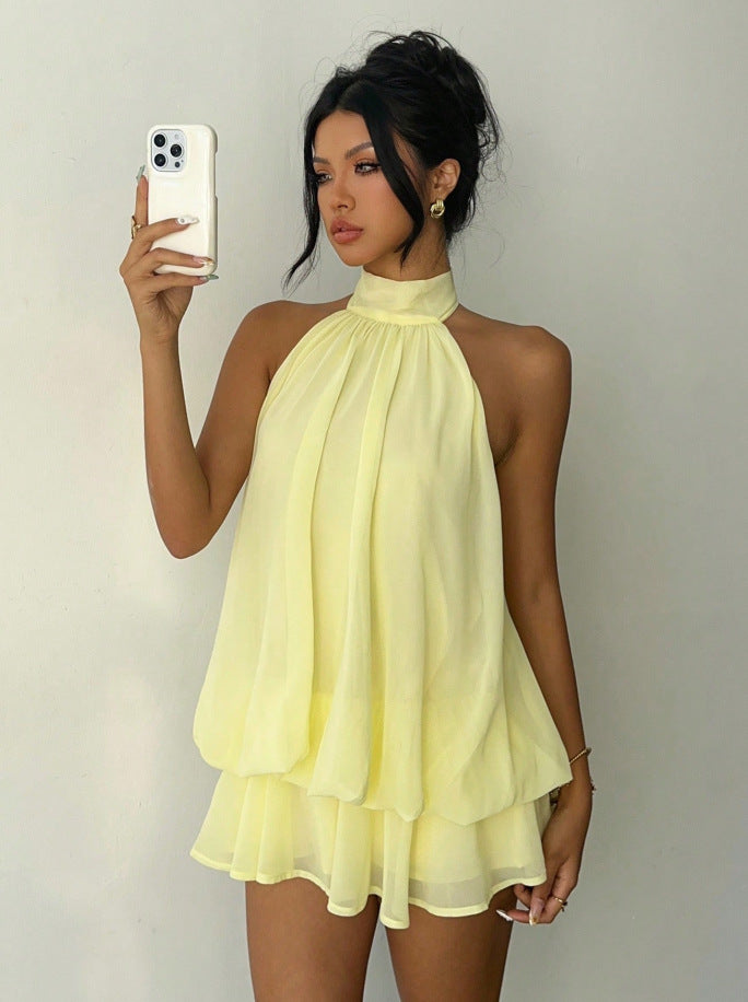 Mock Halter Neck Sleeveless Sheer Layered Ruffle Hem Romper