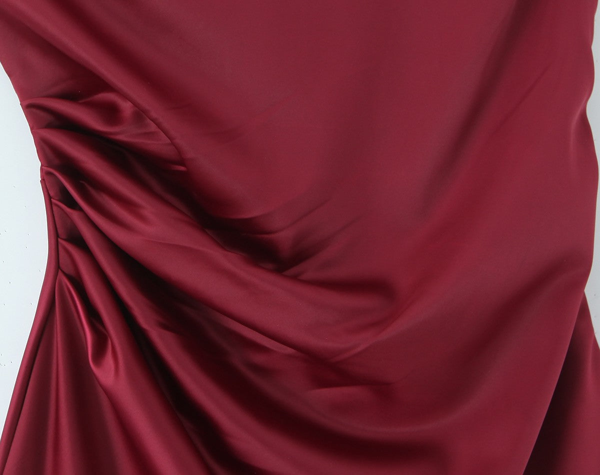 Satin Square Neck Ruched Bias Cut Slip Maxi Dress