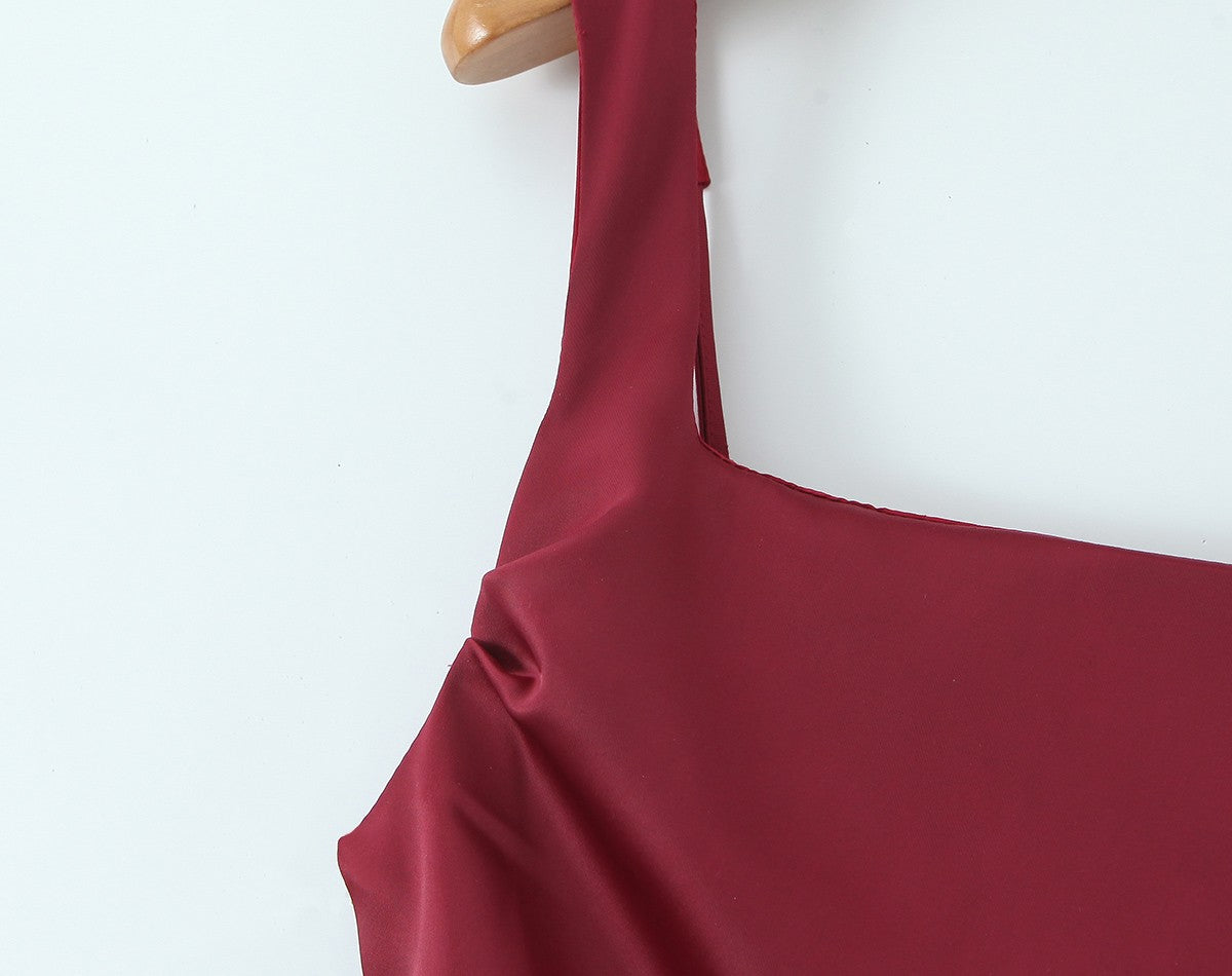 Satin Square Neck Ruched Bias Cut Slip Maxi Dress