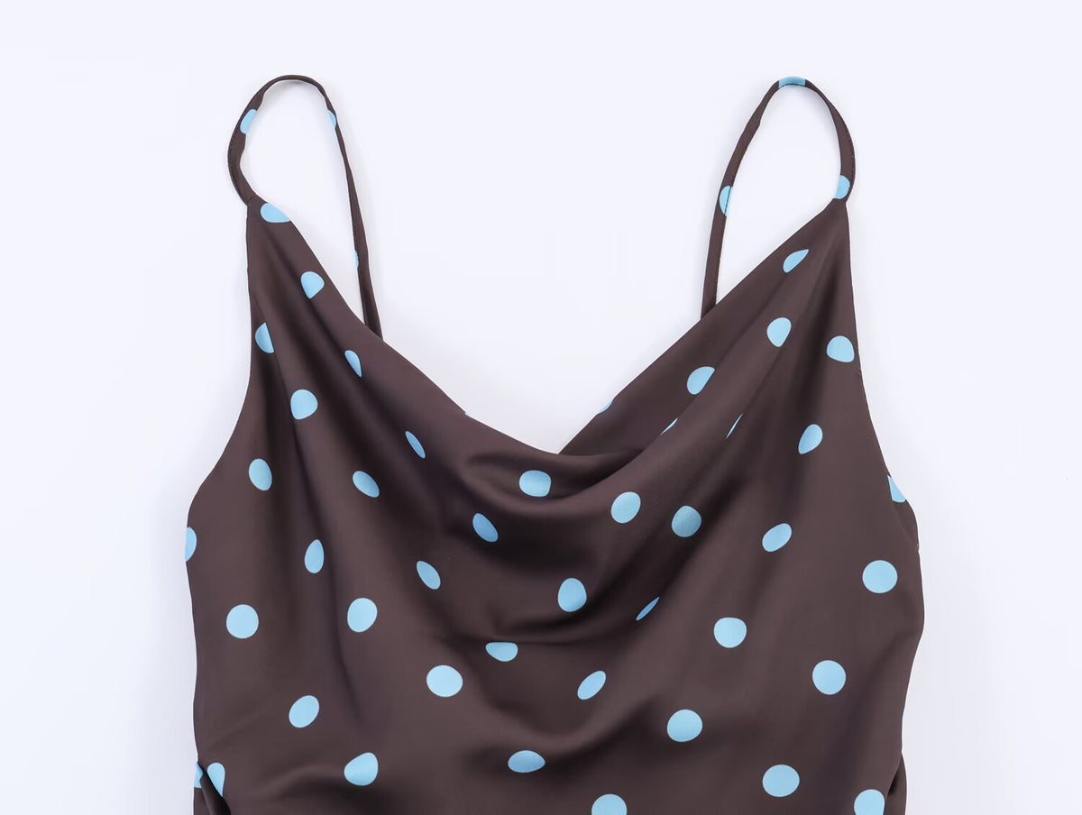 Polka Dot Satin Cowl Neck Cami Ruched Side Mini Dress 3
