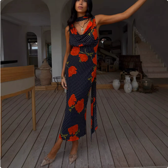 Cowl Neck Sleeveless Side Drape Neck Tie Midi Dress - View 2