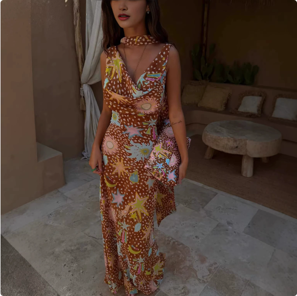 Cowl Neck Sleeveless Side Drape Neck Tie Midi Dress - View 3