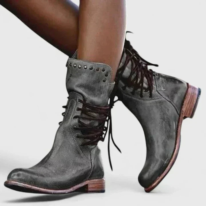 Lace Up Studded Stacked Heel Mid Calf Boots