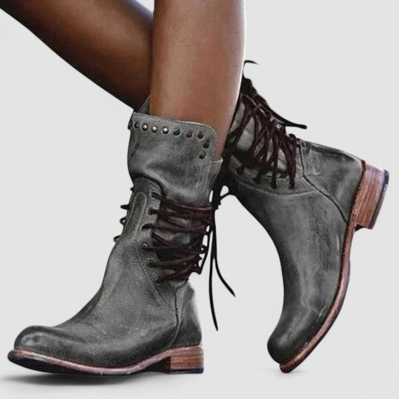 Lace Up Studded Block Heel Mid Calf Boots