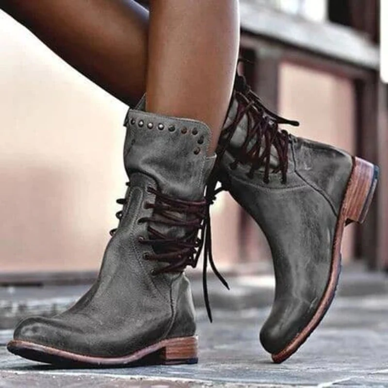 Lace Up Studded Block Heel Mid Calf Boots 7