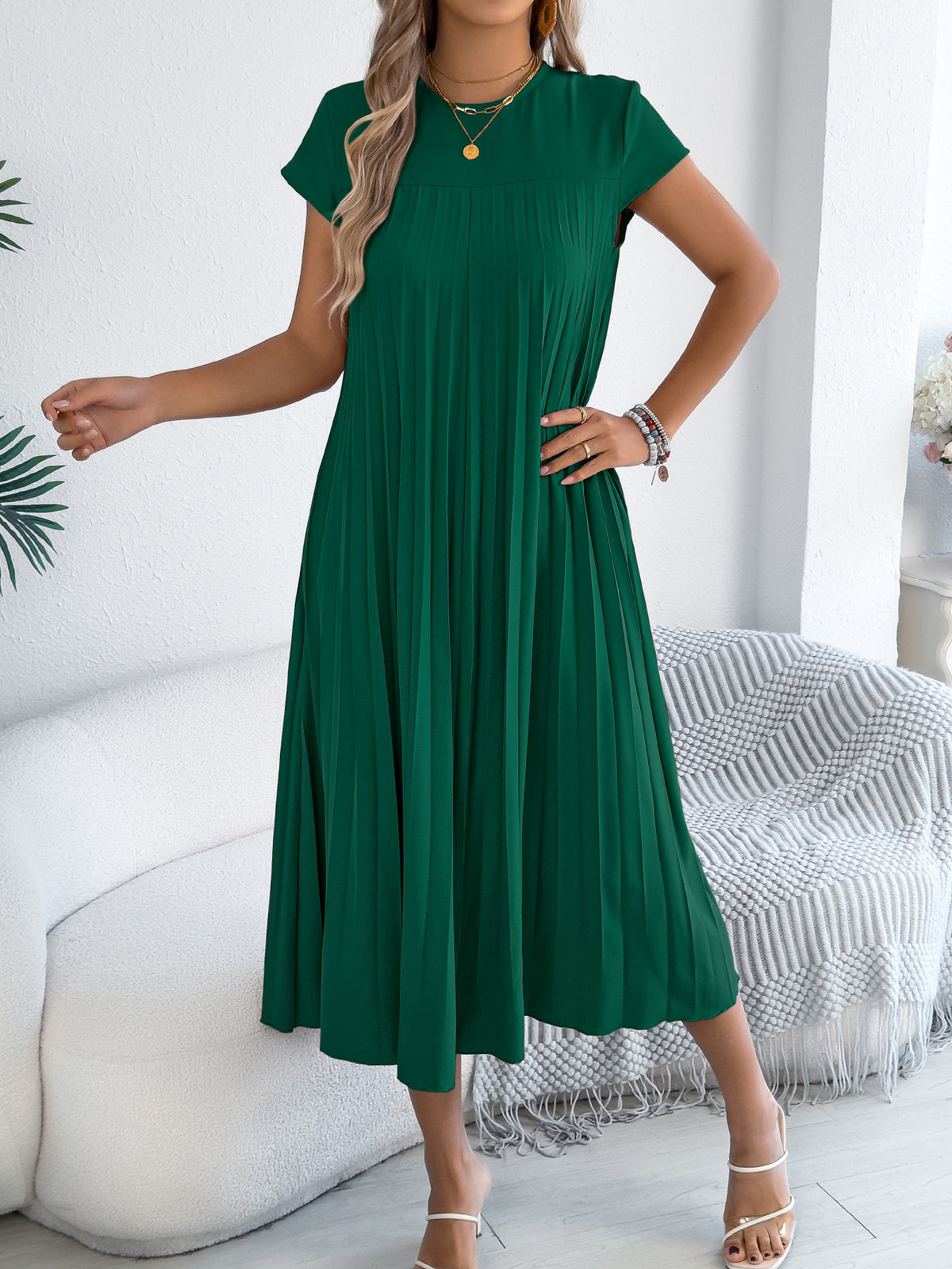 Round Neck Cap Sleeve Pleated A-Line Midi Dress
