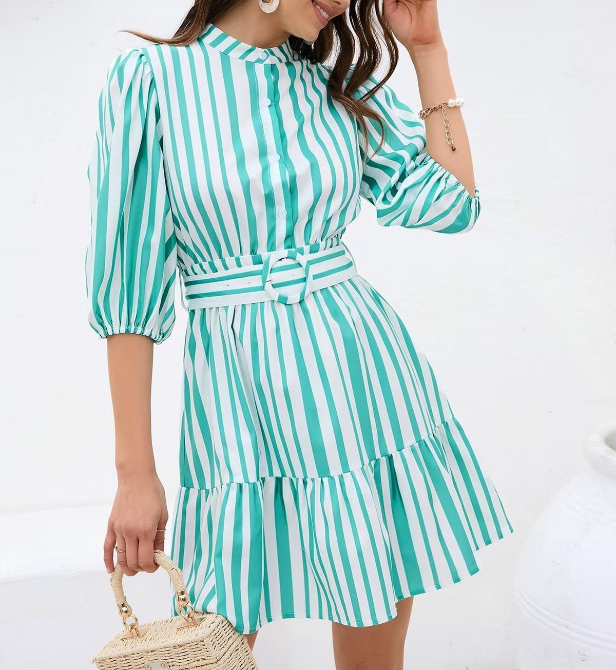 Popular Women Clothing Puff Sleeve Striped Dress