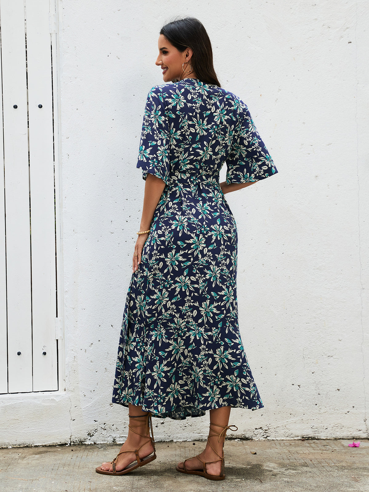 Floral V-Neck Short Sleeve Wrap Tie Waist Ruffle Slit Maxi Dress 2