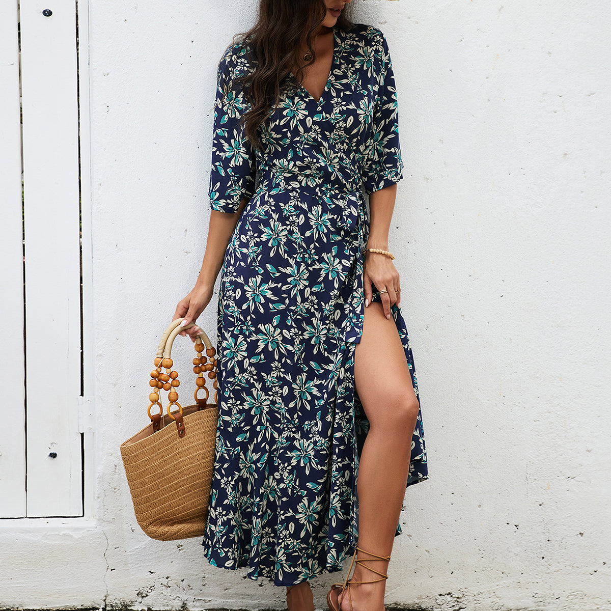 Floral V-Neck Short Sleeve Wrap Tie Waist Ruffle Slit Maxi Dress 3