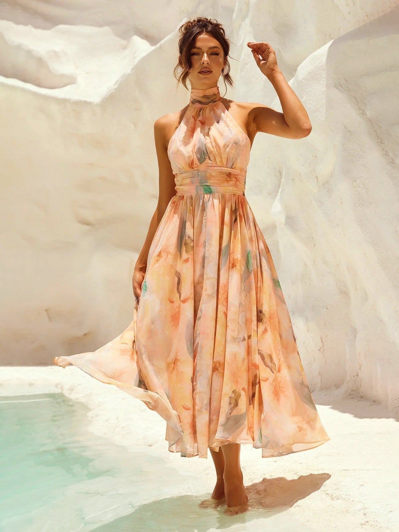 Summer Women Clothing Vacation Sleeveless Printed Backless Dress